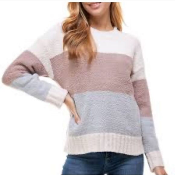 Thread & Supply Ivory Gray Mauve Plush Striped Crew Neck Sweater - Size Medium - Picture 1 of 14